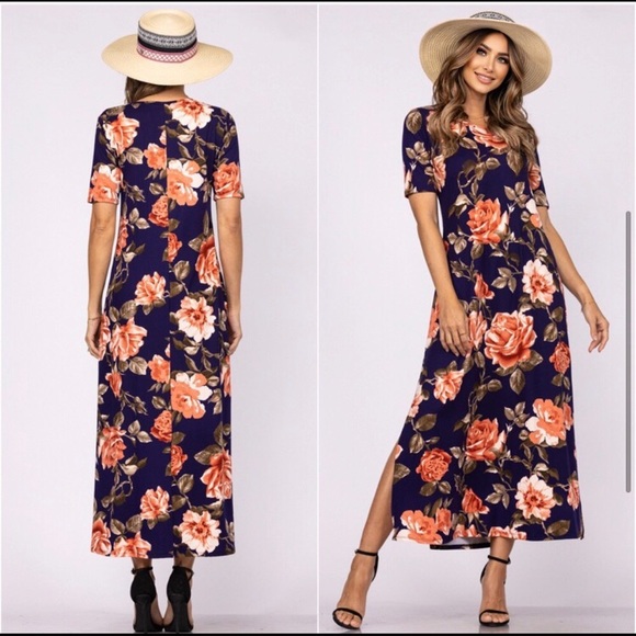 Navy buttery super soft women’s short sleeved maxi dress - Picture 3 of 4